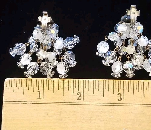 Vtg Crystal Cascading Earrings Clip On Dangle Drop Aurora Borealis Chandelier - Picture 3 of 7