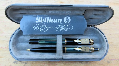 New 1987 Pelikan 400 Souveran Set Black Green Ftn Pen + Pencil - FINE 14k nib - Afbeelding 1 van 12
