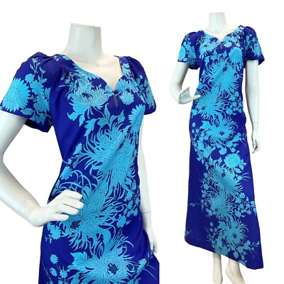 Vintage 70er Jahre Stil Hawaii Muumu Blumen blau Maxikleid 10 12 14 16