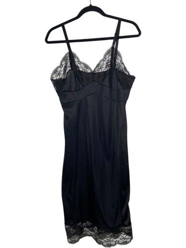 Vintage 60s 70s Movie Star Lace Detail Slip Dress Lingerie Size 36 Black