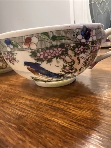 Antique Japan Cup & Saucer Tea Set, Blue Bird Japanese Eggshell 4cups 2 Saucers - Picture 12 of 17