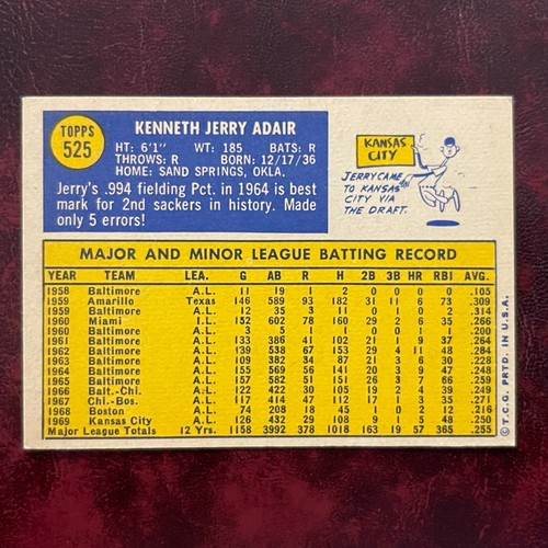 1970 Topps Set JERRY ADAIR #525 KANSAS CITY ROYALS - NR-MINT *HIGH GRADE* - Picture 2 of 2