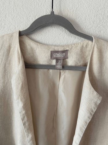 Chicos 100% Linen Open Front Lined Blazer Beige Gold Shimmer Women’s Sz L Career - Picture 2 of 4