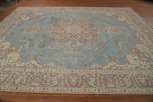 Vintage Over-Dyed Light Blue Floral Tebriz Area Rug Handmade Room Size Rug 10x12 - Picture 17 of 23