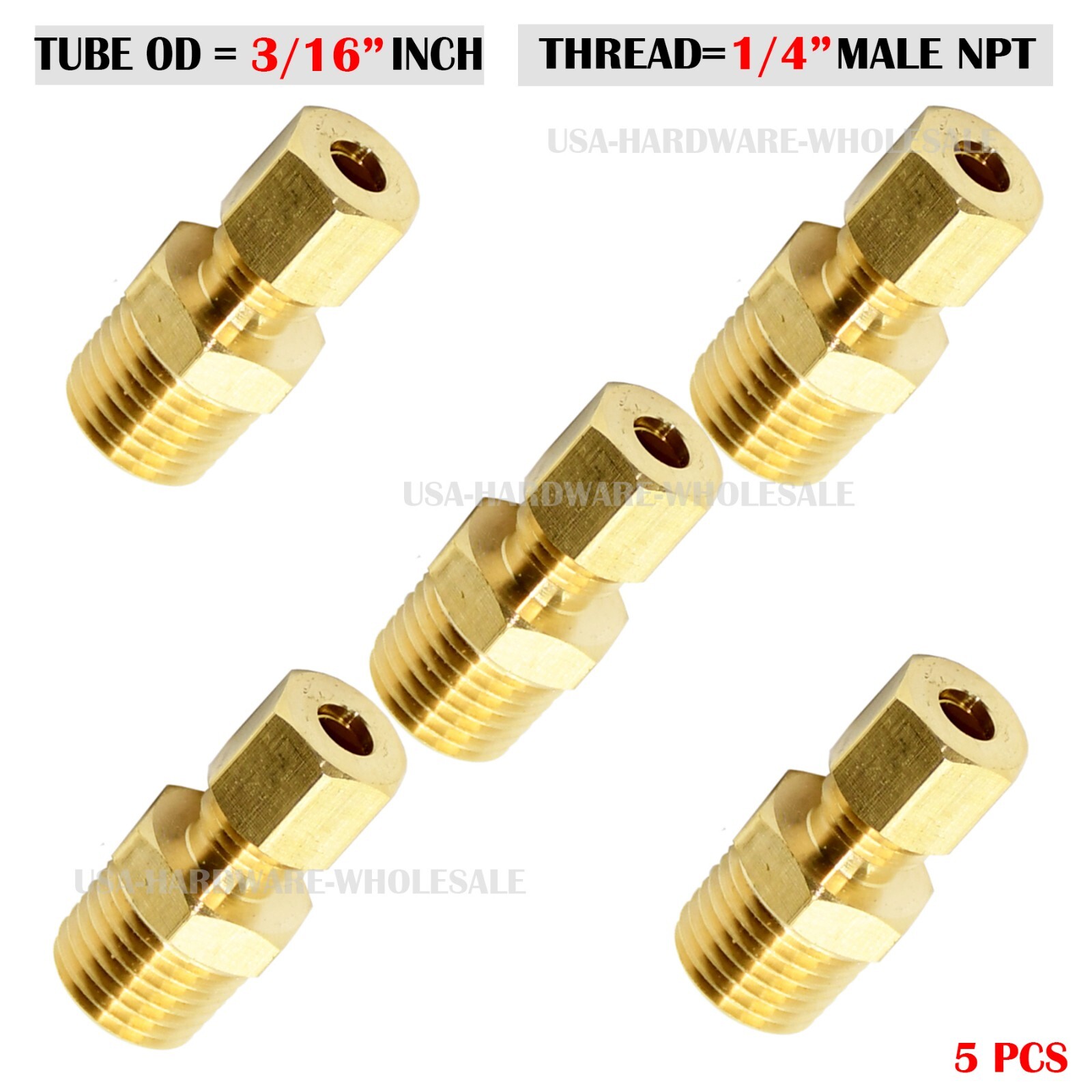 Brass Compression Tube Fitting , 3/16" OD TUBE x 1/4" NPT Male ( 5-PACK)