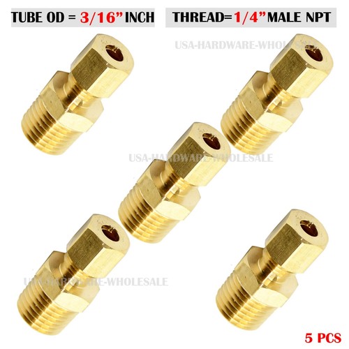 Brass Compression Tube Fitting , 3/16" OD TUBE x 1/4" NPT Male ( 5-PACK)