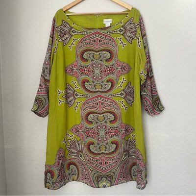 Soft Surroundings 100% Silk Shift Tunic Dress Women's Green Boho Paisley Print