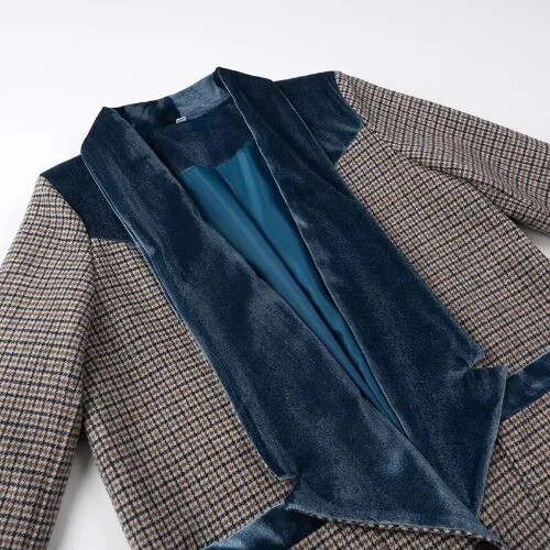 Long Contrast Plaid Women Coat Turndown Collar Single Breasted Female Windbreak - Bild 17 von 27