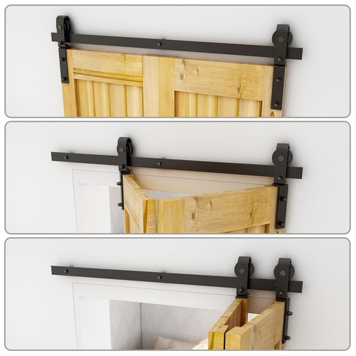 Top Mount Roller Bifold Sliding Barn Door Hardware Kit Black Flat Track Modern - Picture 8 of 29