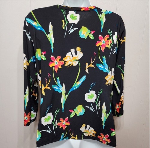 Rafaella Top Damen klein vorne zum Binden schwarz Blumenmuster 3/4-Arm Büro Freizeit B359 - Bild 3 von 4