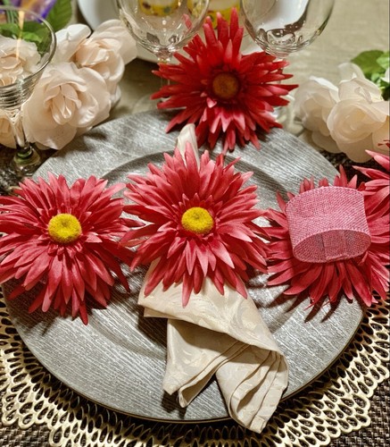Napkin Rings Set of 6 Marguerites Flowers in Burlap ribbon NR00074 - Picture 6 of 12
