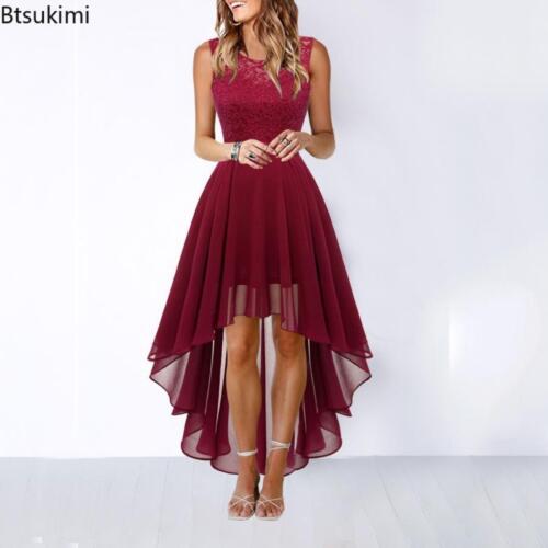 2024 Women's Solid Lace Dress Bowknot Elegant Irregular Length Dress Sleeveless - Picture 6 of 20