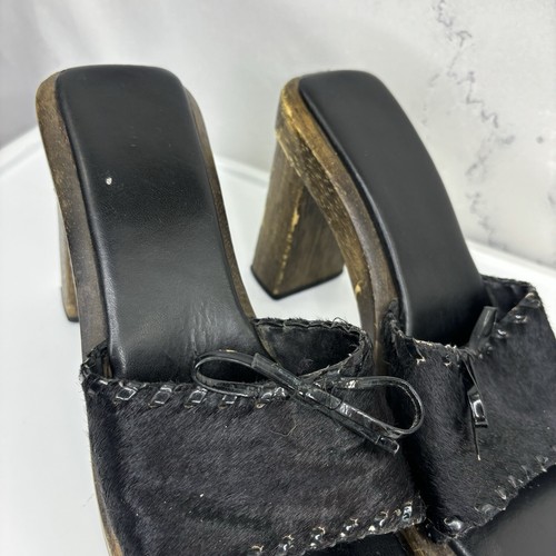 Vintage Y2K Chunky Wood Platform Block Heels Sz 9 Leather 90's Calf Hair Goth - Picture 9 of 24