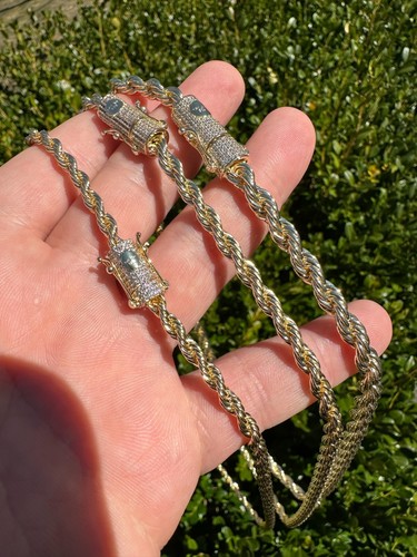 Iced MOISSANITE Clasp 14k Gold Over Stainless Steel Rope Chain Necklace Bracelet - Picture 12 of 24