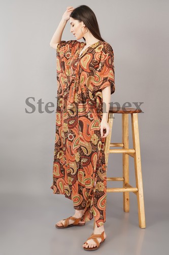 Trendy Handmade Cotton Kaftan Elegant Brown Long Caftan Resort Wear Beach Dress - Picture 2 of 6