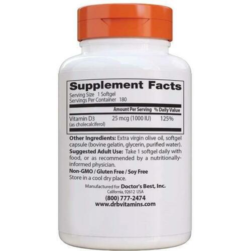 Doctor's Best Vitamin D-3 1000iu 180 Softgels, Immune, Heart, Bone Support - Picture 2 of 3