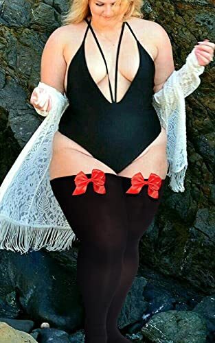 Women Plus Size Bow Thigh Highs Stockings Opaque Over the One Size Plus Black - Bild 2 von 7