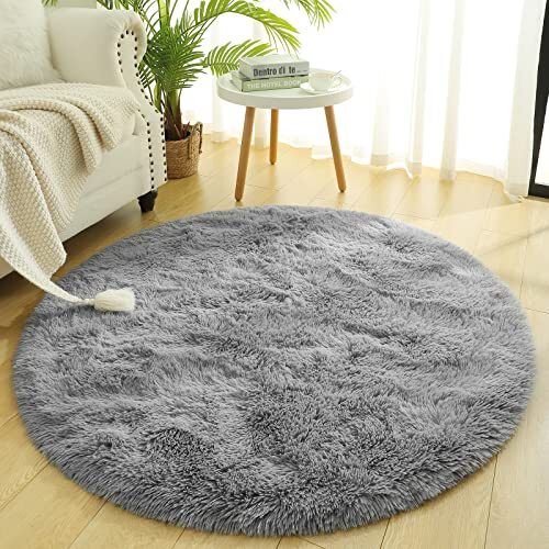 Fluffy Round Area Rugs for Girls Bedroom, 4x4 Feet Shaggy Circle 4x4 feet Grey - Picture 2 of 7