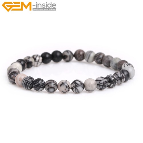 Round Picasso Jasper Bracelet 7" - Black Webbed Natural Stone Jewelry Bangle - Picture 15 of 24