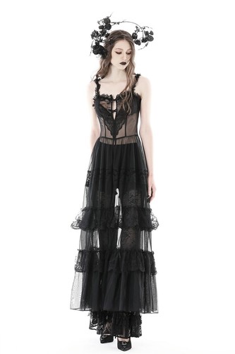 Maxi Vestido DARK IN LOVE Mujer Negro Gótico Transparente Corazón Capa Encaje Malla - Imagen 7 de 16