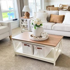 PHI VILLA Coffee Table - Living Room Shelf 2 Tiers, Farmhouse Coffee Table Set
