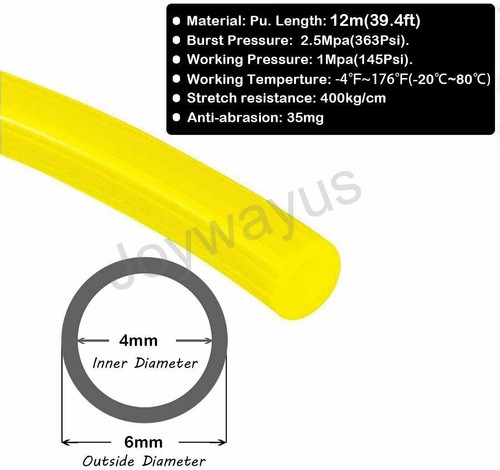 6mm x 4mm Yellow Pneumatic Tubing Pipe PU Air Compressor Hose 39.4ft 12 Meter - Picture 3 of 6