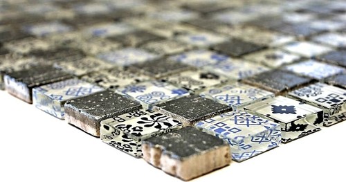 Mosaico Tessere traslucido vetro Resin Ottica blu nero argento 83-CB07 |1 foglio - Foto 6 di 6