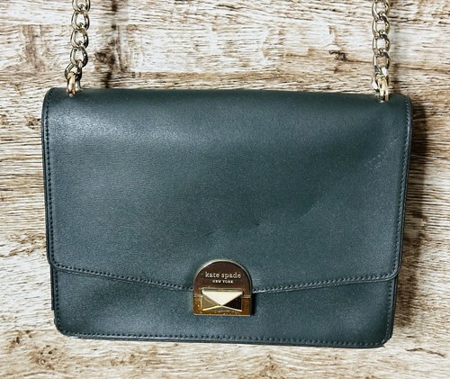Kate Spade Convertible Flap Crossbody Green Gold Neve Medium Chain Purse Bag - Picture 2 of 15