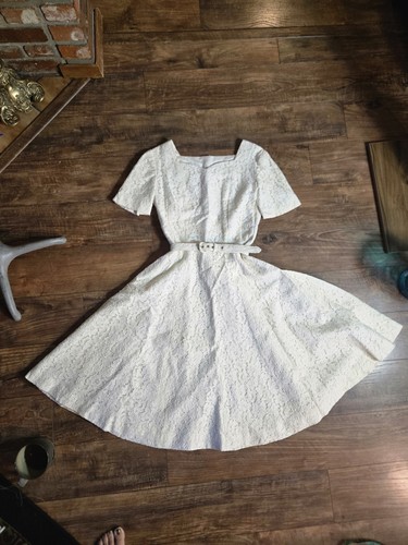 VTG 1950s White Lace Sweetheart Full Skirt Princess Wedding Dress Tea Length - Picture 9 of 11