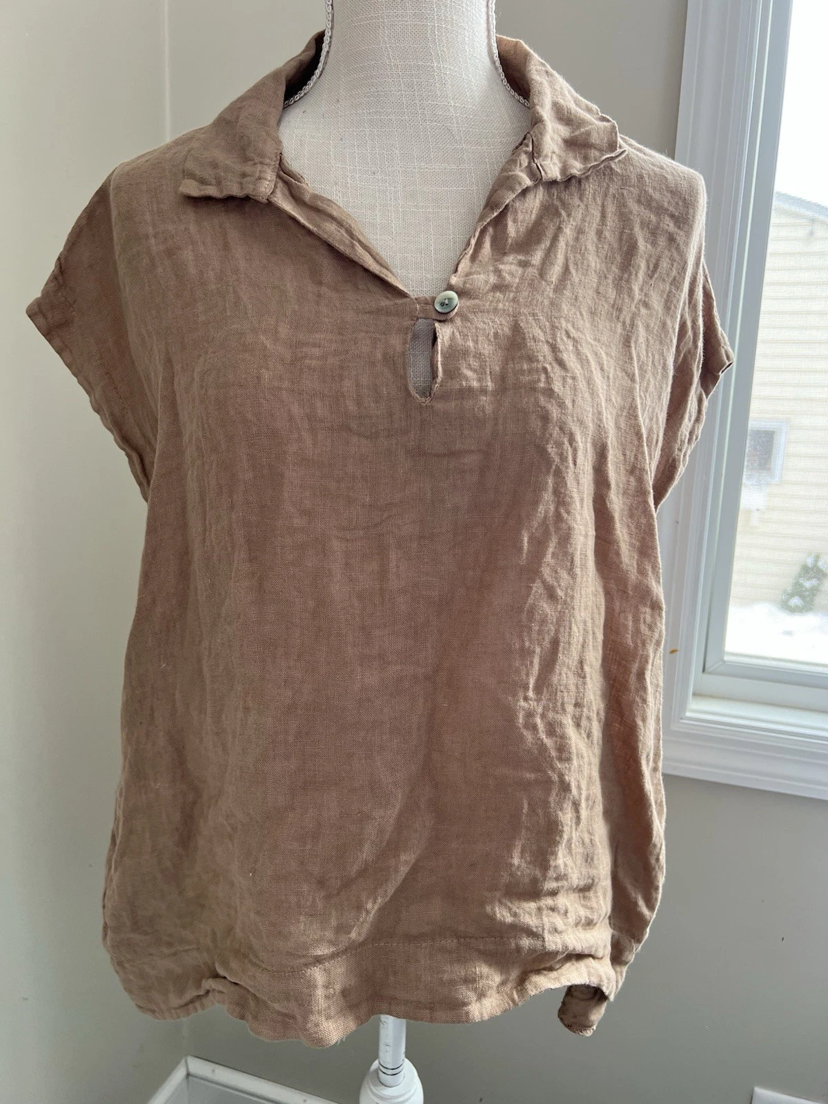 100% Lino Italian High-Lo Linen Top Coastal Grandmother Terracotta Poncho Tunic