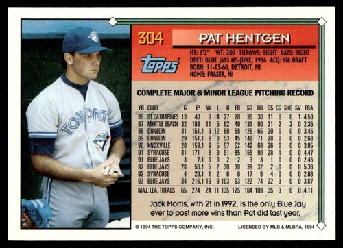 1994 Topps Pat Hentgen Toronto Blue Jays #304 - Picture 2 of 2