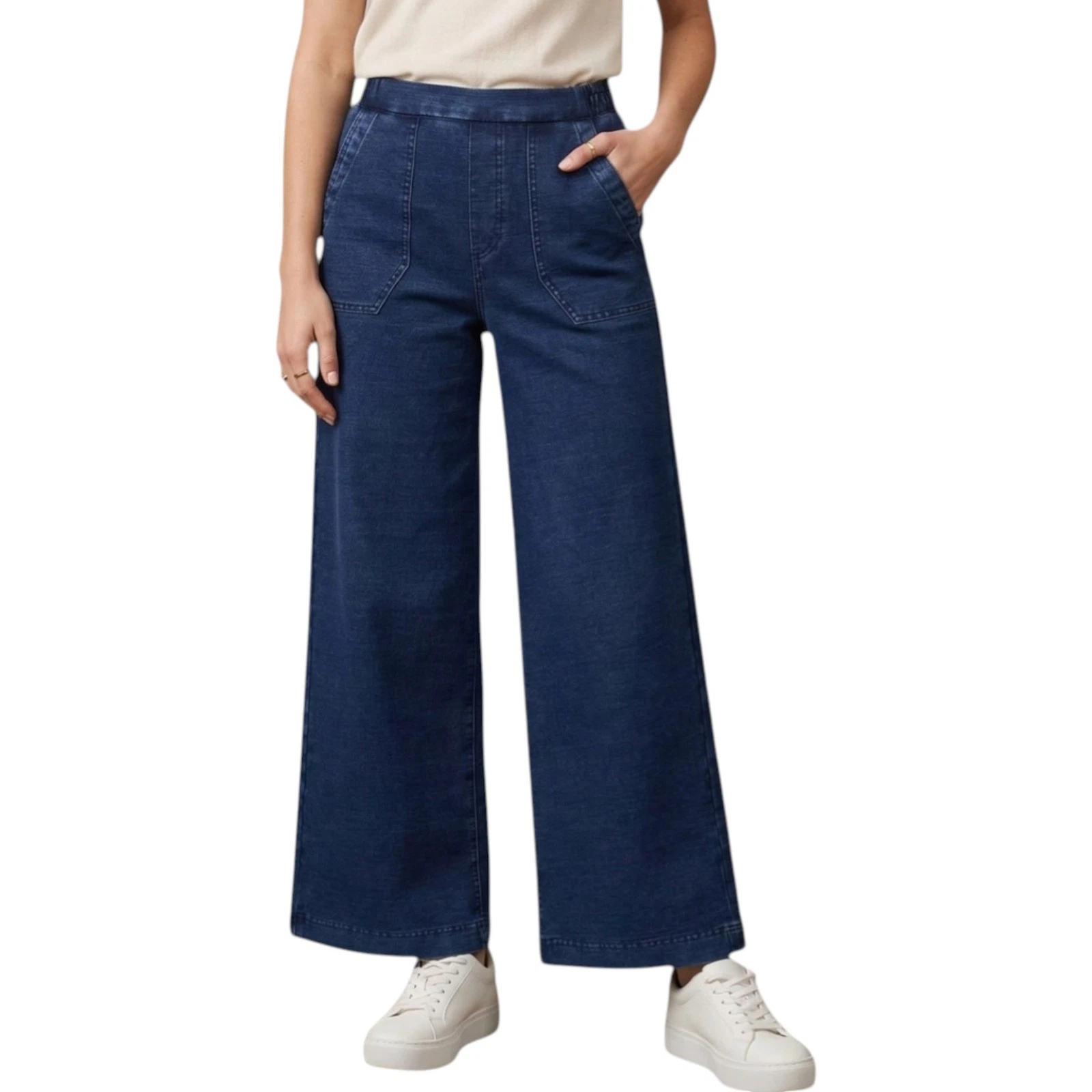 Ex M&S Womens Denim Wide Leg Elasticated Waist High Rise Trousers Stretch Pants