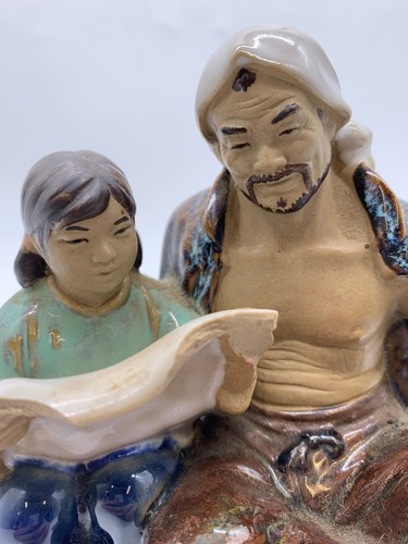 Handmade Ceramic Figurine of Reading Duo with Glazed Finish - #1008 - Picture 6 of 8