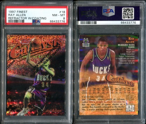 PSA 8 1997-98 Finest Refractors Bronze #18 Ray Allen Milwaukee Bucks POP7 Three↑ - Picture 1 of 3