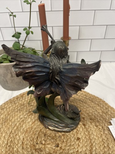 Bronze Look Fairy Flying Angel Sculpture Figurine Floral Blowing Trumpet 9” - Picture 7 of 15