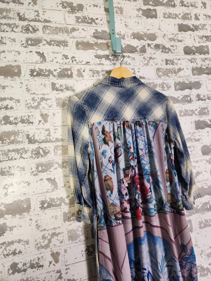 Aratta Silent Journey Maxi Dress Small Blue Plaid Floral Boho Embellished  - Image 4 of 4