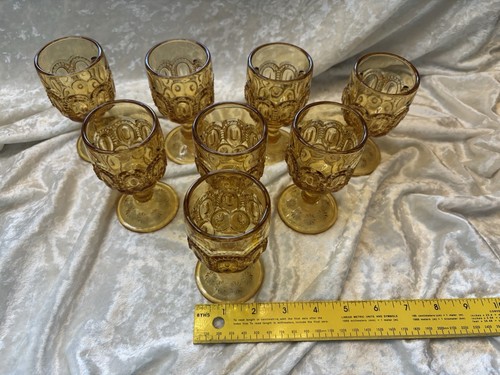 SET OF 8 Rare Vintage L. E. Smith Moon And Stars Wine Glass Goblets Amber 4.5in - Picture 5 of 8