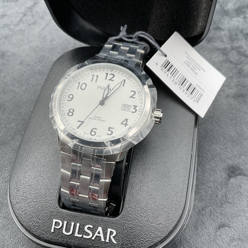Brandneu Pulsar Herren Datum Uhr Boxed weißes Zifferblatt leicht ablesbar verpackt