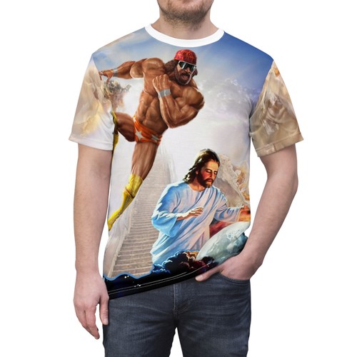 WWE Macho Man Randy Savage vs Jesus Christ T-Shirt, Graphic Tee, Retro Wrestling - Picture 6 of 8