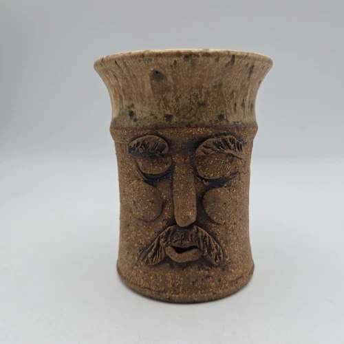 Vintage Studio Art Pottery Stoneware Face Mug | Signed | Mustache Man