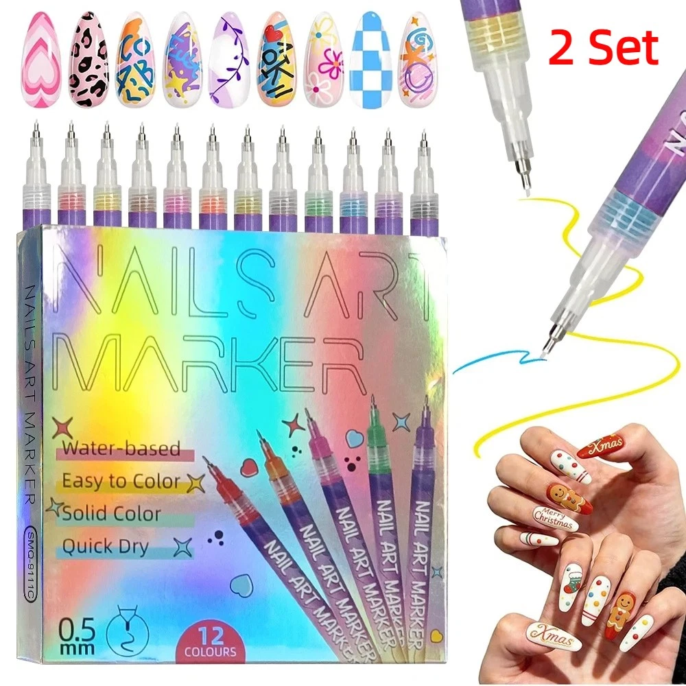 2 Set 12 Colors Nail Art Pens Fine Tip Nail Polish Pen Markers 0.5mm Quick Dry