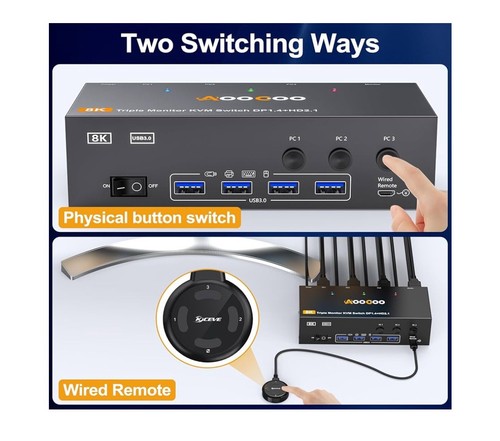 KVM Switch 3 Monitors 3 Computers 8K@60Hz 4k@144Hz HDMI 4 USB 3.0 Ports - Afbeelding 3 van 10