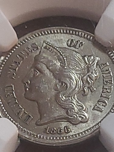 1866 3 Cent Nickel DDO Almost Uncirculated Details - Picture 6 of 14