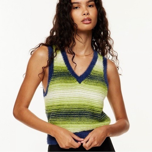 Aritzia Sunday Best fuzzy knit stripped v-neck sweater vest size small - Picture 1 of 7