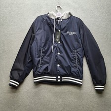 GUESS Men Jacket S Navy Embroidery Bomber Andrew College Varsity Hooded NWT