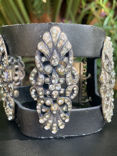 Vintage selten signiertes CHRISTIAN DIOR Armband breites Strass schwarz Leder K5 - Bild 7 von 17
