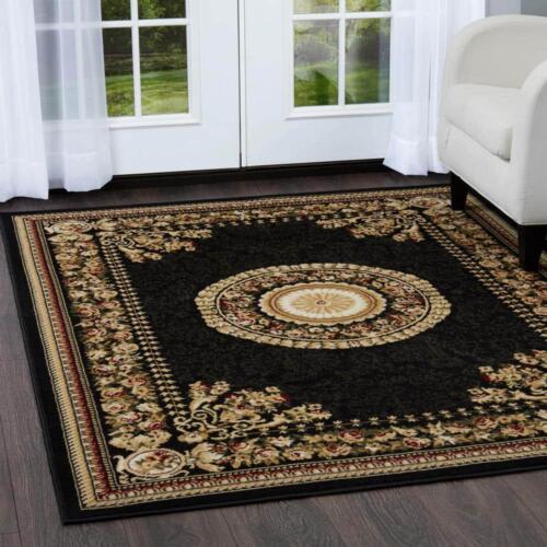 Area Rug 8 ft x 10 ft Oriental Medallion Pattern Black/Gold Soil Stain Resistant - Picture 2 of 10
