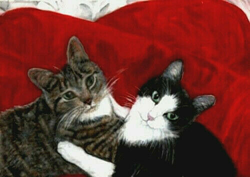 BCB Smoking Katze und Tabby Cat Affection Druck der Malerei ACEO 2,5 x 3,5 Zoll - Bild 1 von 1