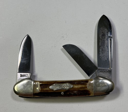 Vintage 1977 NKC&DA Kissing Crane Annual Pocket Knife 3 Blade Stag Handle - Picture 2 of 11