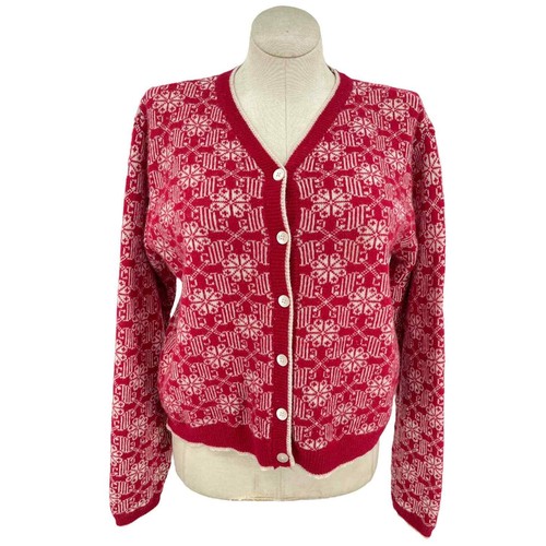 Vintage 90s Red and Cream Lambswool Cardigan Sweater Winter Gap Size L - Picture 11 of 11